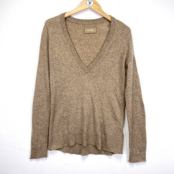 Zadig & Voltaire Vivi WS Gold Star Elbow Patch Cashmere Sweater M Oatmeal Deep V - Picture 3 of 13
